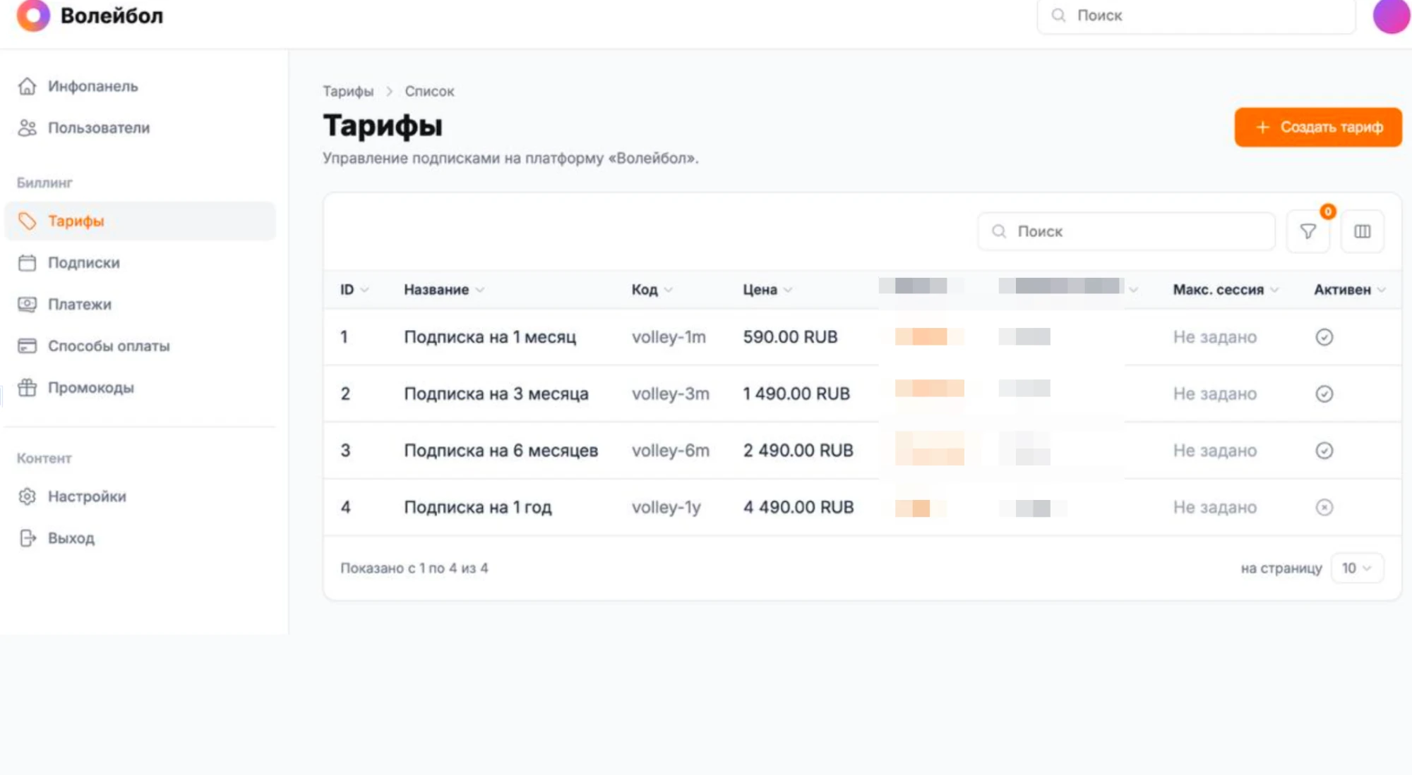 Админка Future Volleyball School: список тарифов-подписок на 1, 3, 6 месяцев и год с ценами