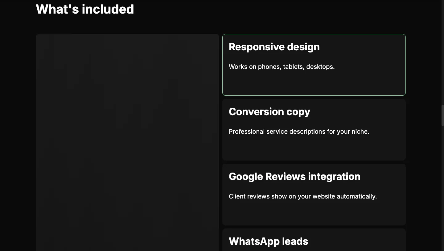 Состав продукта: адаптив, копирайт, Google Reviews, WhatsApp-лиды