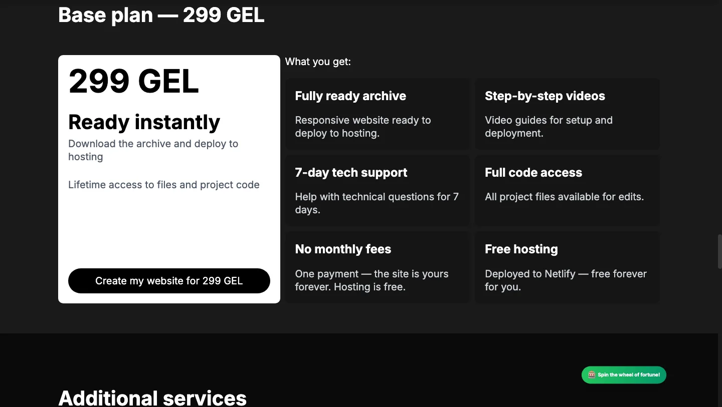 Базовый план 299 GEL: архив, видео, поддержка 7 дней, код, без подписки